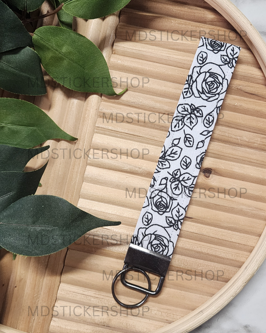 Black Floral Outline Print Fabric Keychain, Key Fob
