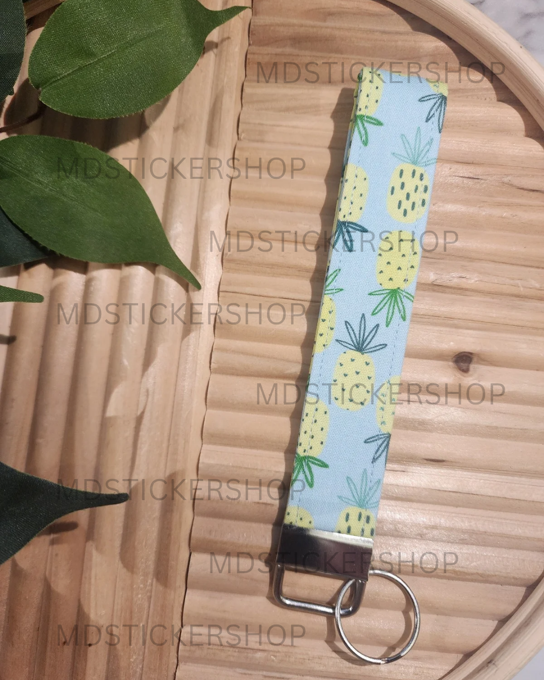 Blue Pineapple Print Fabric Keychain, Key Fob