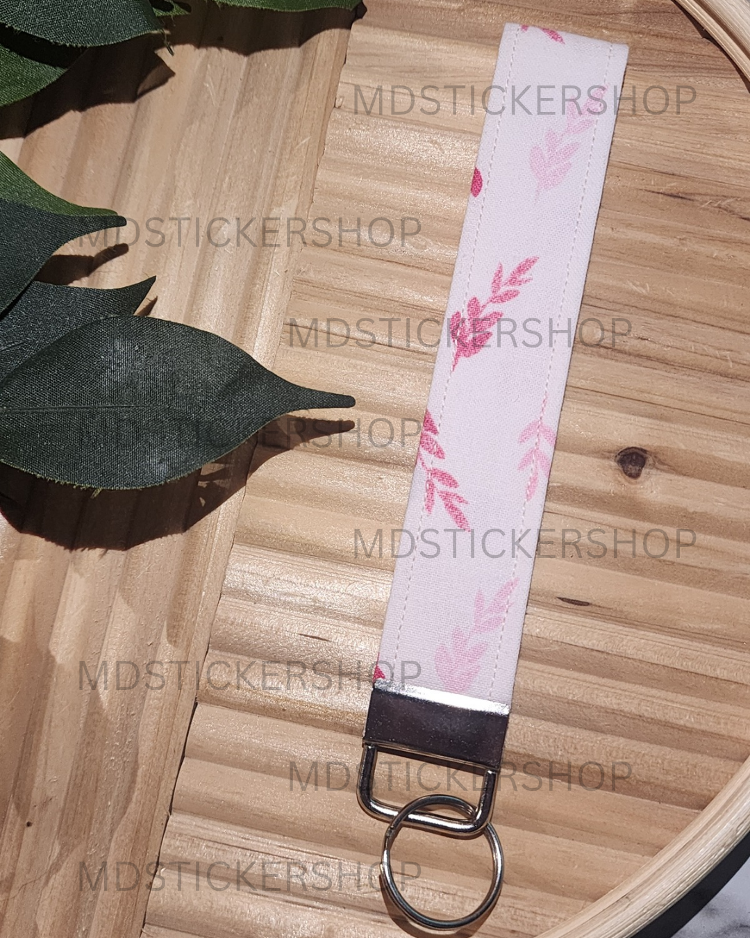Pink Greenery Print Fabric Keychain, Key Fob