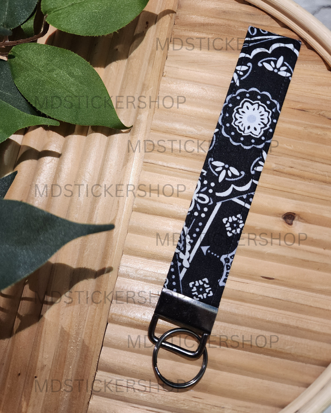 Black Handkerchief Print Fabric Keychain, Key Fob