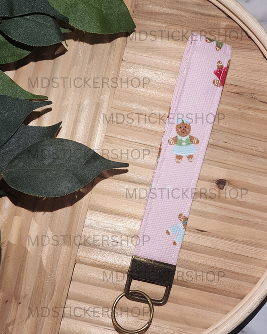 Pink Gingerbread Print Fabric Keychain, Key Fob