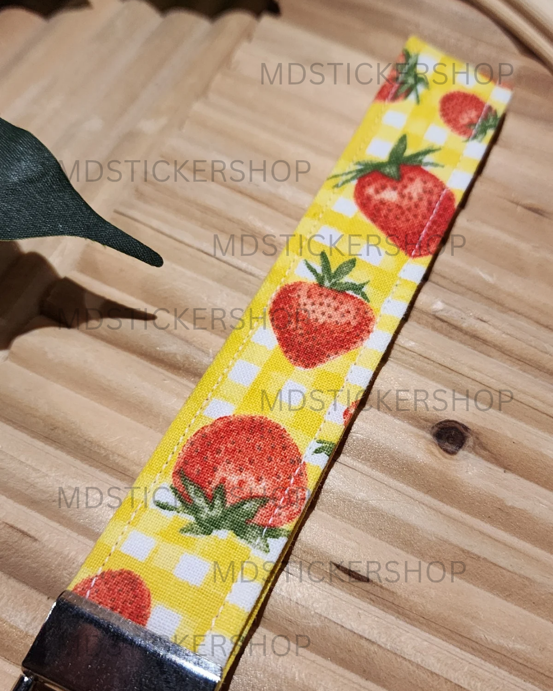 Yellow Plaid & Strawberry Print Fabric Keychain, Key Fob