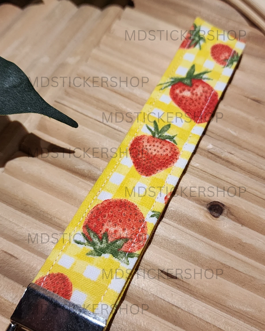 Yellow Plaid & Strawberry Print Fabric Keychain, Key Fob