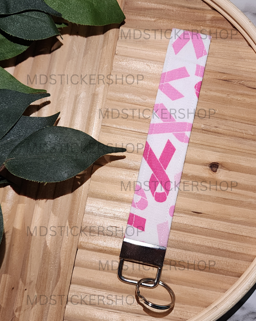 Pink Ribbon Print Fabric Keychain, Key Fob