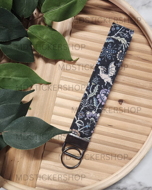Dragon Garden Print Fabric Keychain, Key Fob
