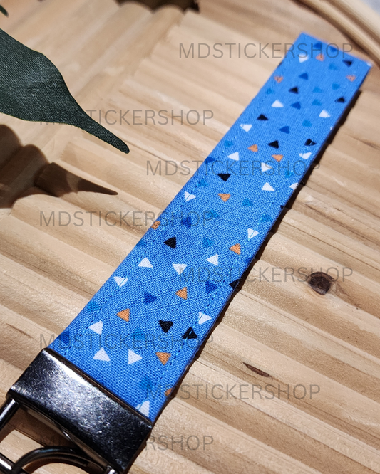 Blue Triangle Print Fabric Keychain, Key Fob