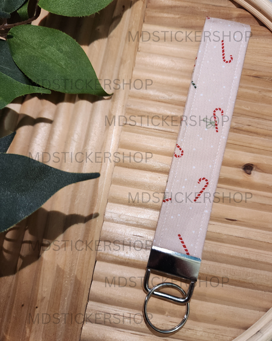 Pink Candy Cane Print Fabric Keychain, Key Fob