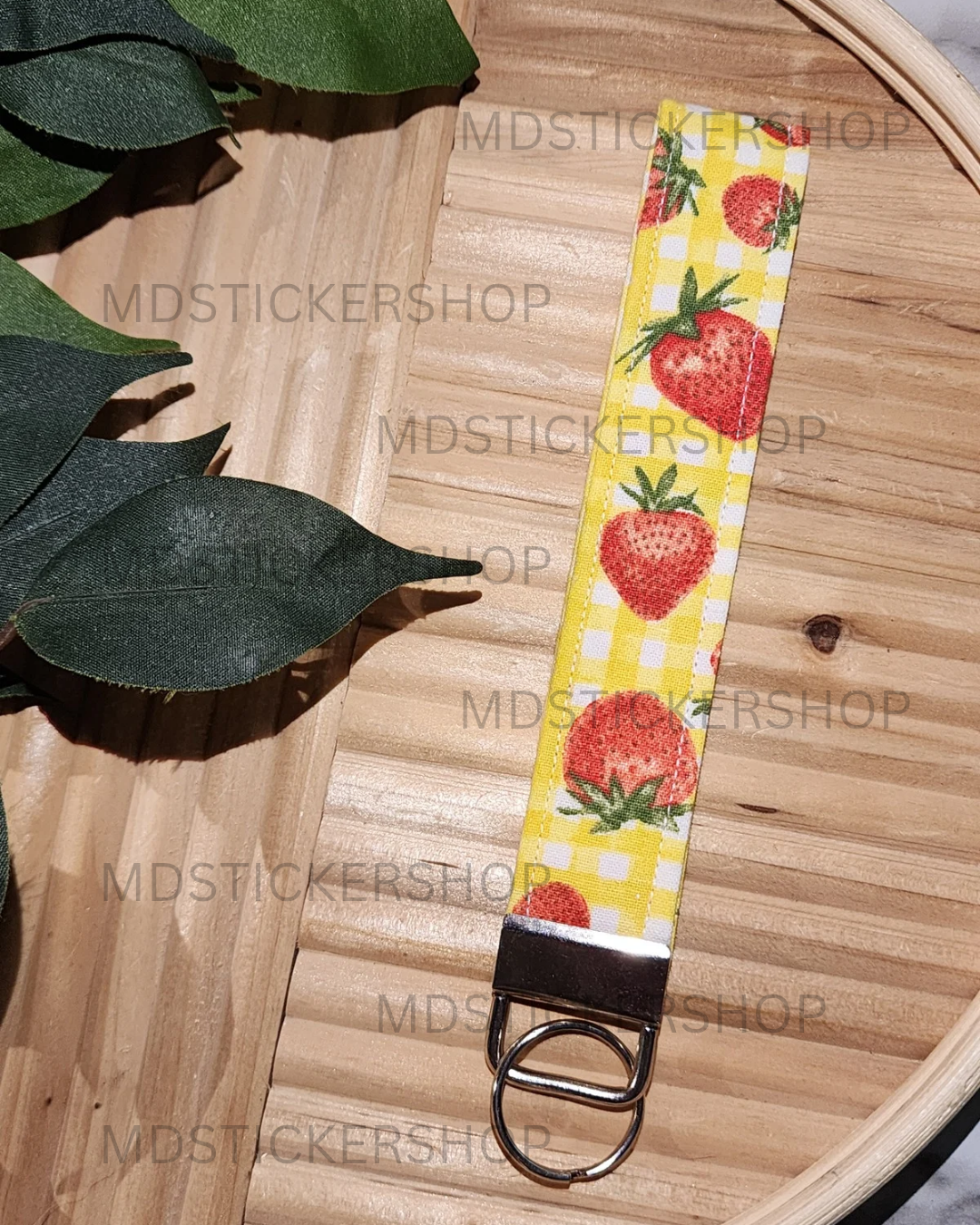 Yellow Plaid & Strawberry Print Fabric Keychain, Key Fob