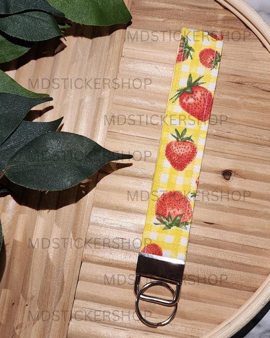 Yellow Plaid & Strawberry Print Fabric Keychain, Key Fob