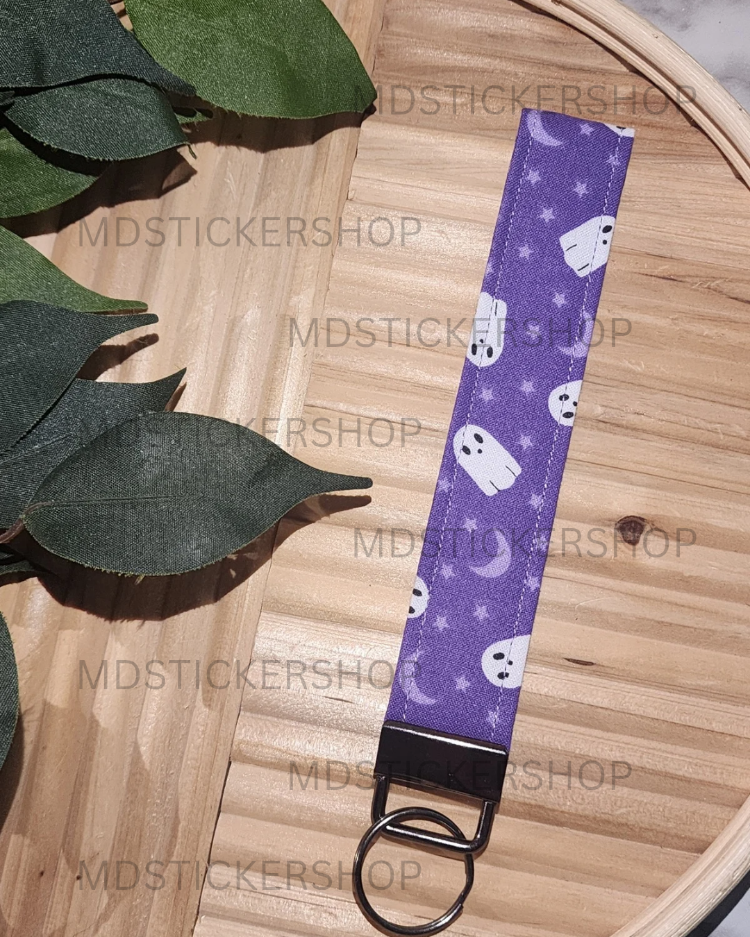 Purple Ghost Print Fabric Keychain, Key Fob