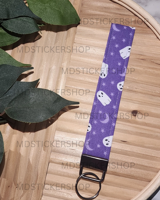 Purple Ghost Print Fabric Keychain, Key Fob