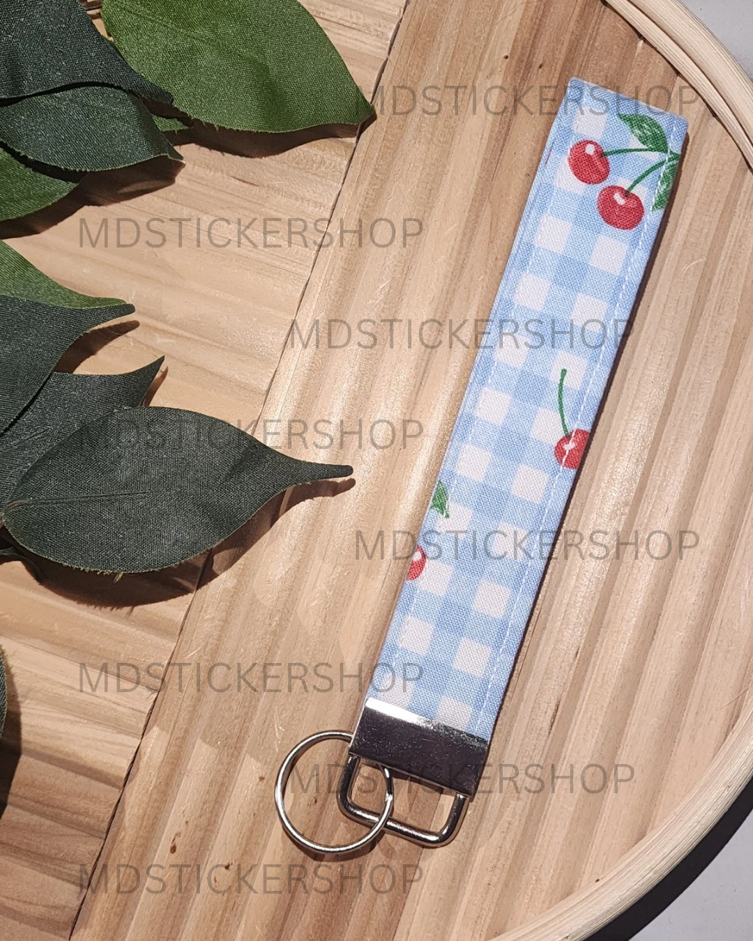 Cherries on Blue Plaid Print Fabric Keychain, Key Fob