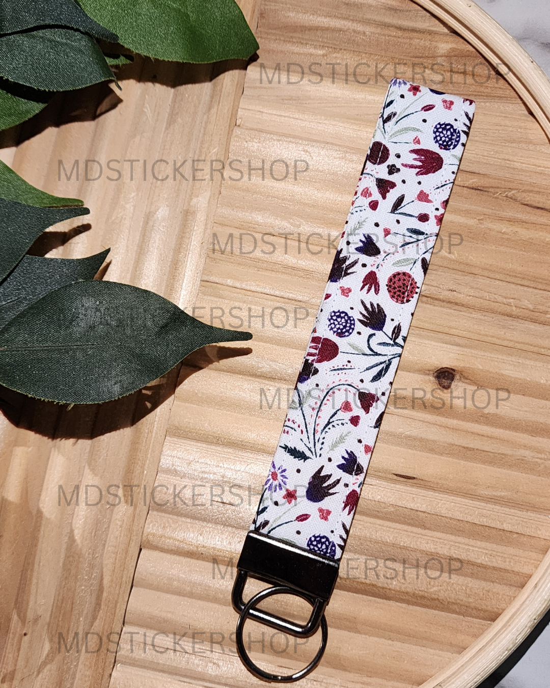Maroon Garden on White Print Fabric Keychain, Key Fob