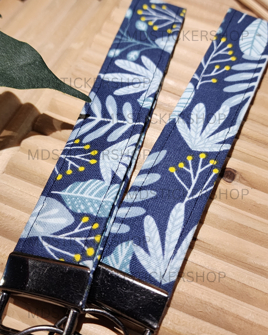 Blue Tropical Print Fabric Keychain, Key Fob