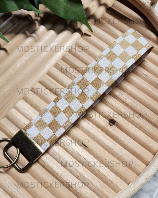Latte Check Print Fabric Keychain, Key Fob