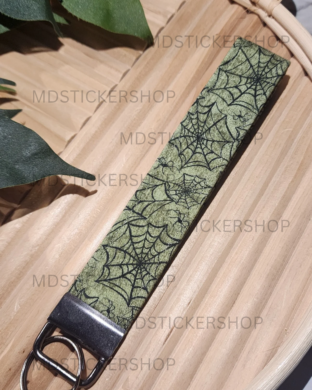 Green Spiderweb Print Fabric Keychain, Key Fob