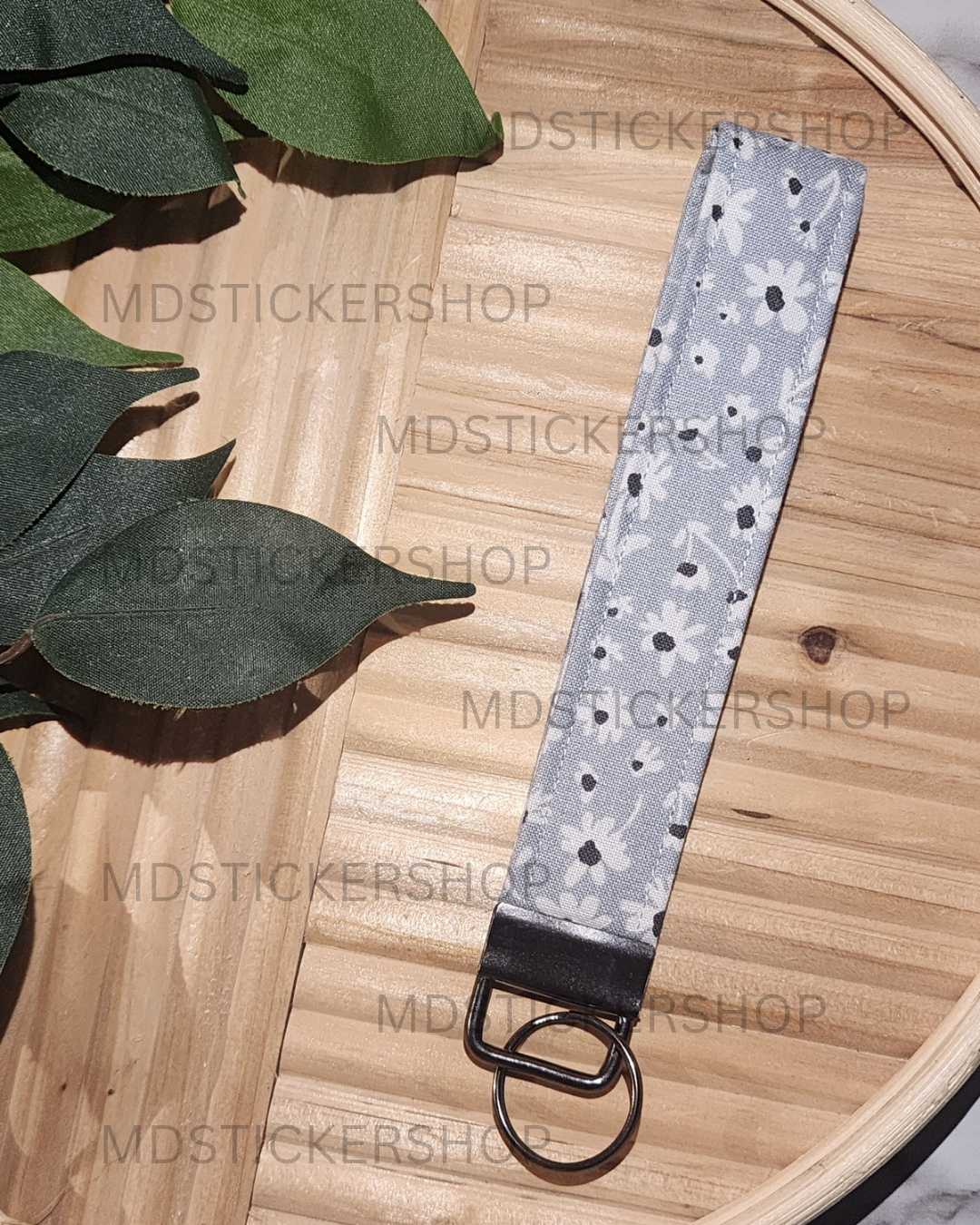 Soft Gray Floral Print Fabric Keychain, Key Fob