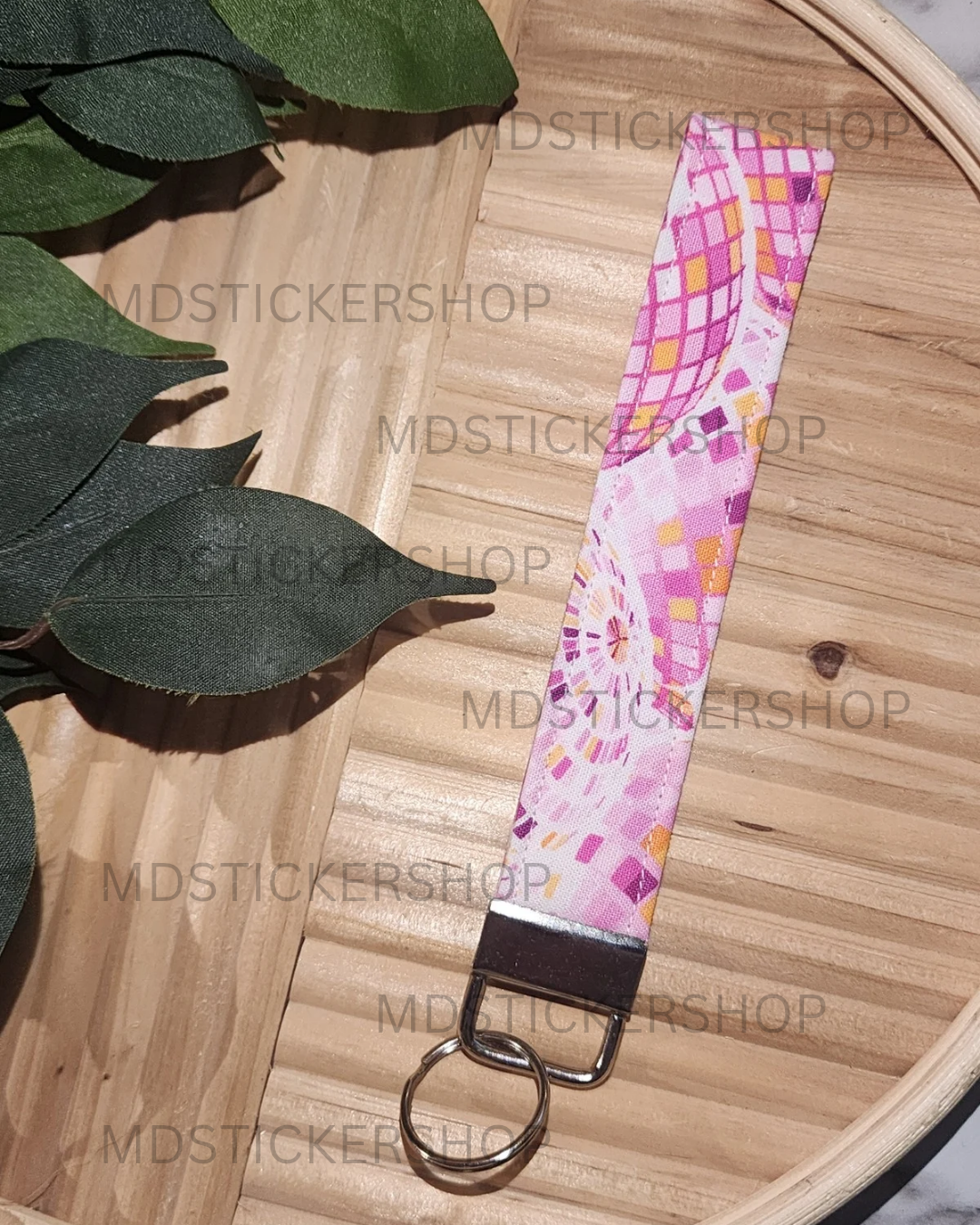 Pink Disco Print Fabric Keychain, Key Fob