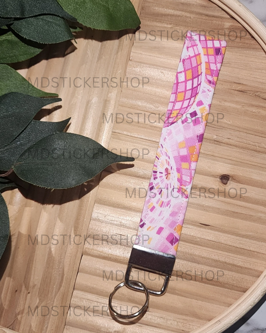Pink Disco Print Fabric Keychain, Key Fob