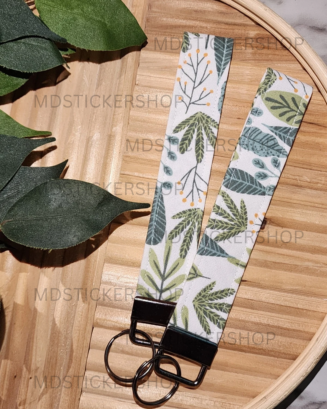 White Tropical Print Fabric Keychain, Key Fob