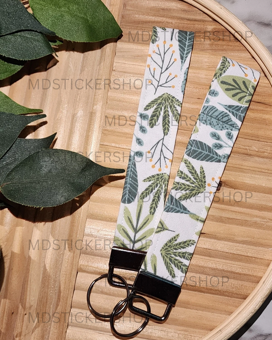 White Tropical Print Fabric Keychain, Key Fob