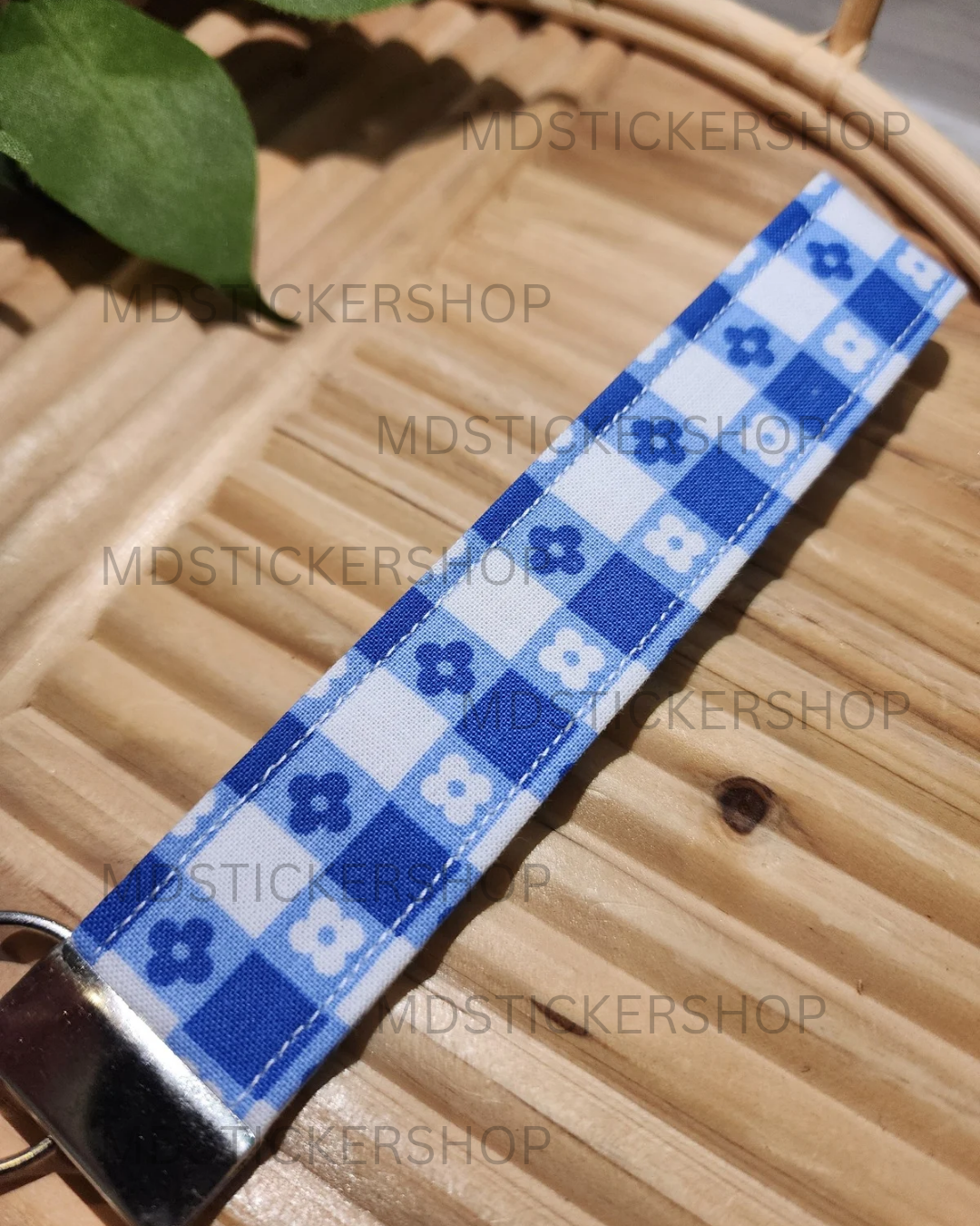 Blue Floral Check Print Fabric Keychain, Key Fob