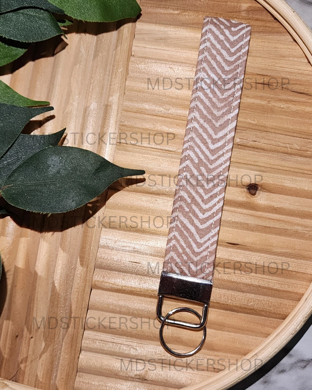 Brown Zig Zag Print Fabric Keychain, Key Fob