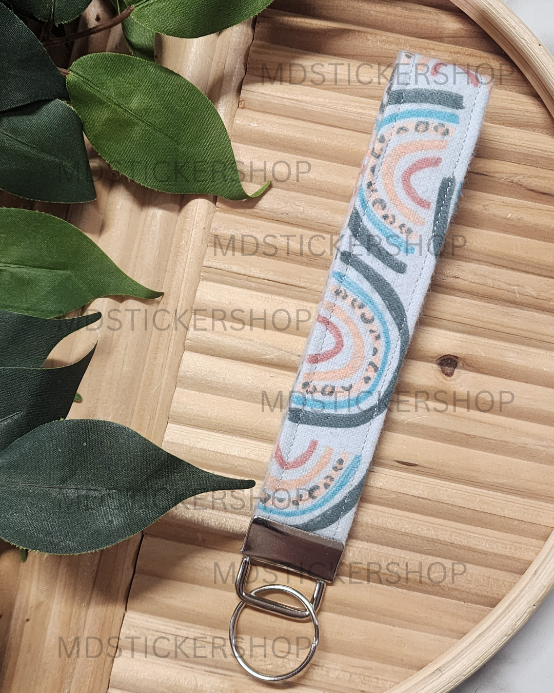 Blue Rainbow Print Fleece Fabric Keychain, Key Fob