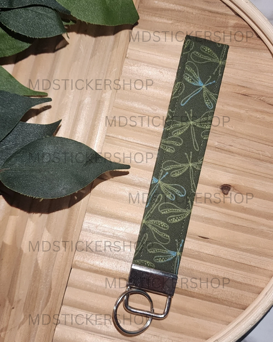 Green Dragonfly Print Fabric Keychain, Key Fob