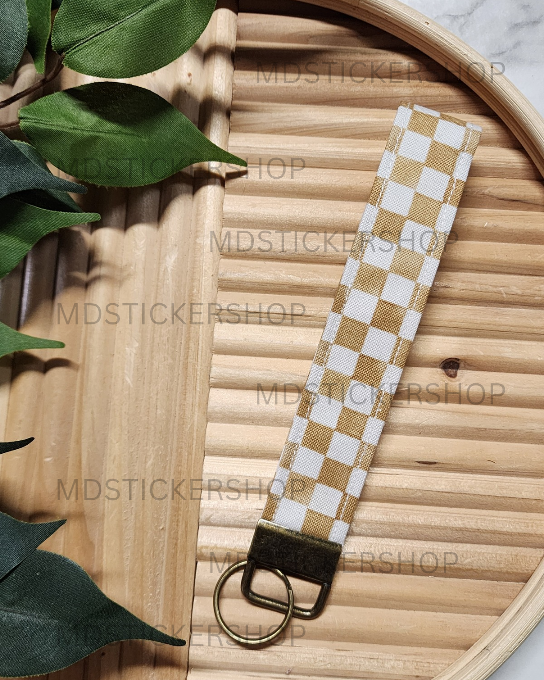 Latte Check Print Fabric Keychain, Key Fob
