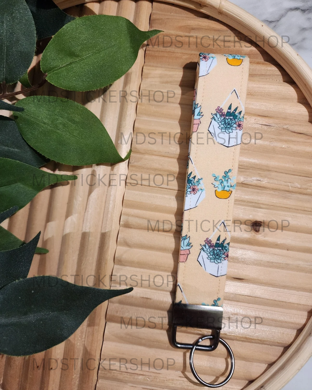 Peach Potted Plant Print Fabric Keychain, Key Fob