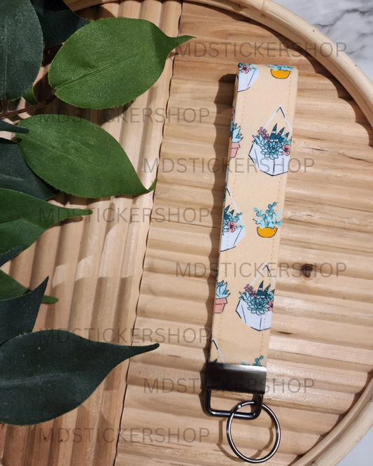 Peach Potted Plant Print Fabric Keychain, Key Fob
