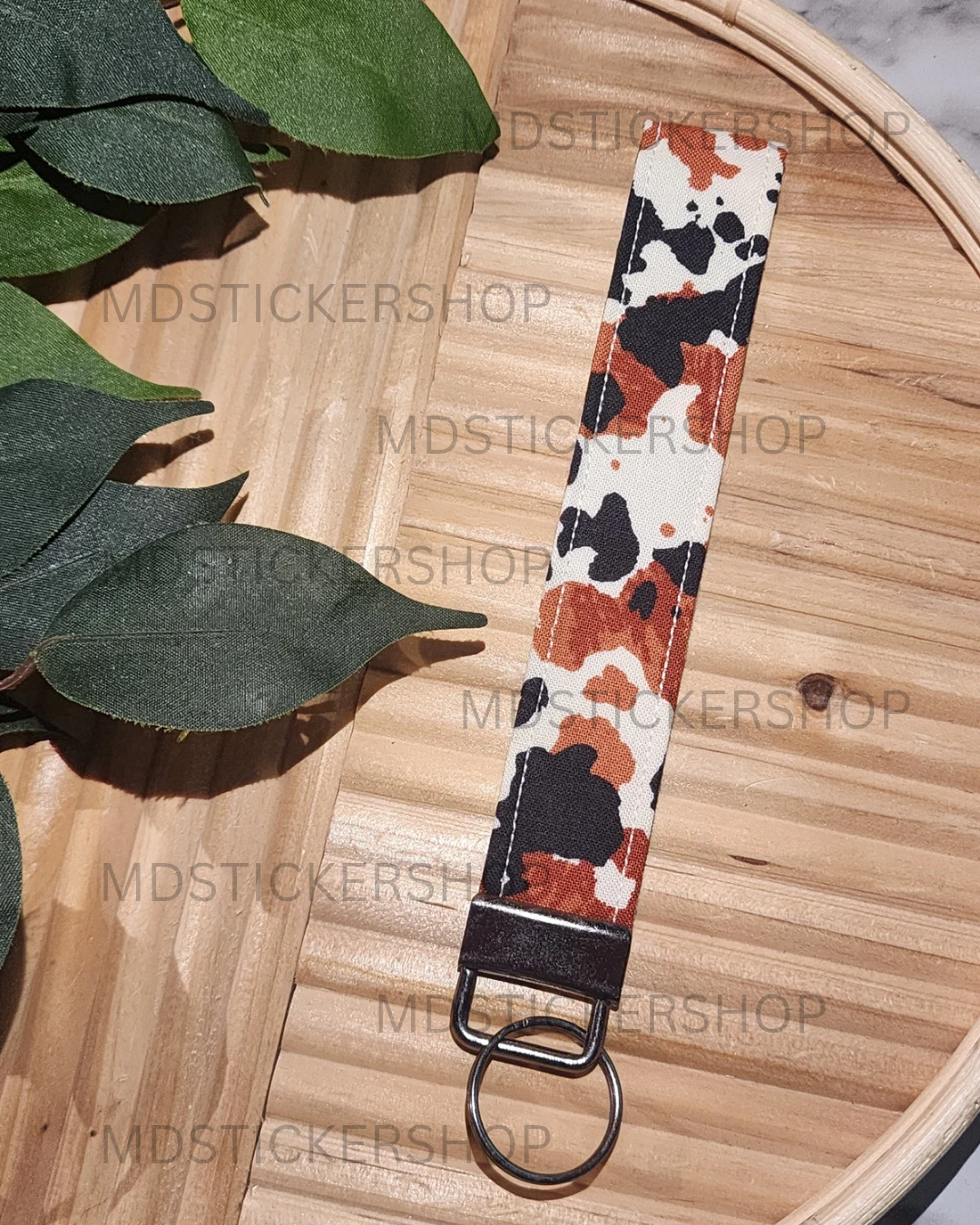 Brown & Black Cow Print Fabric Keychain, Key Fob