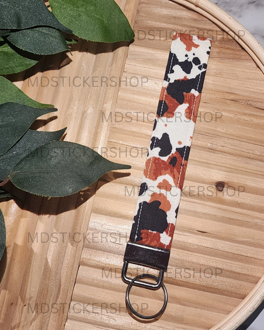 Brown & Black Cow Print Fabric Keychain, Key Fob