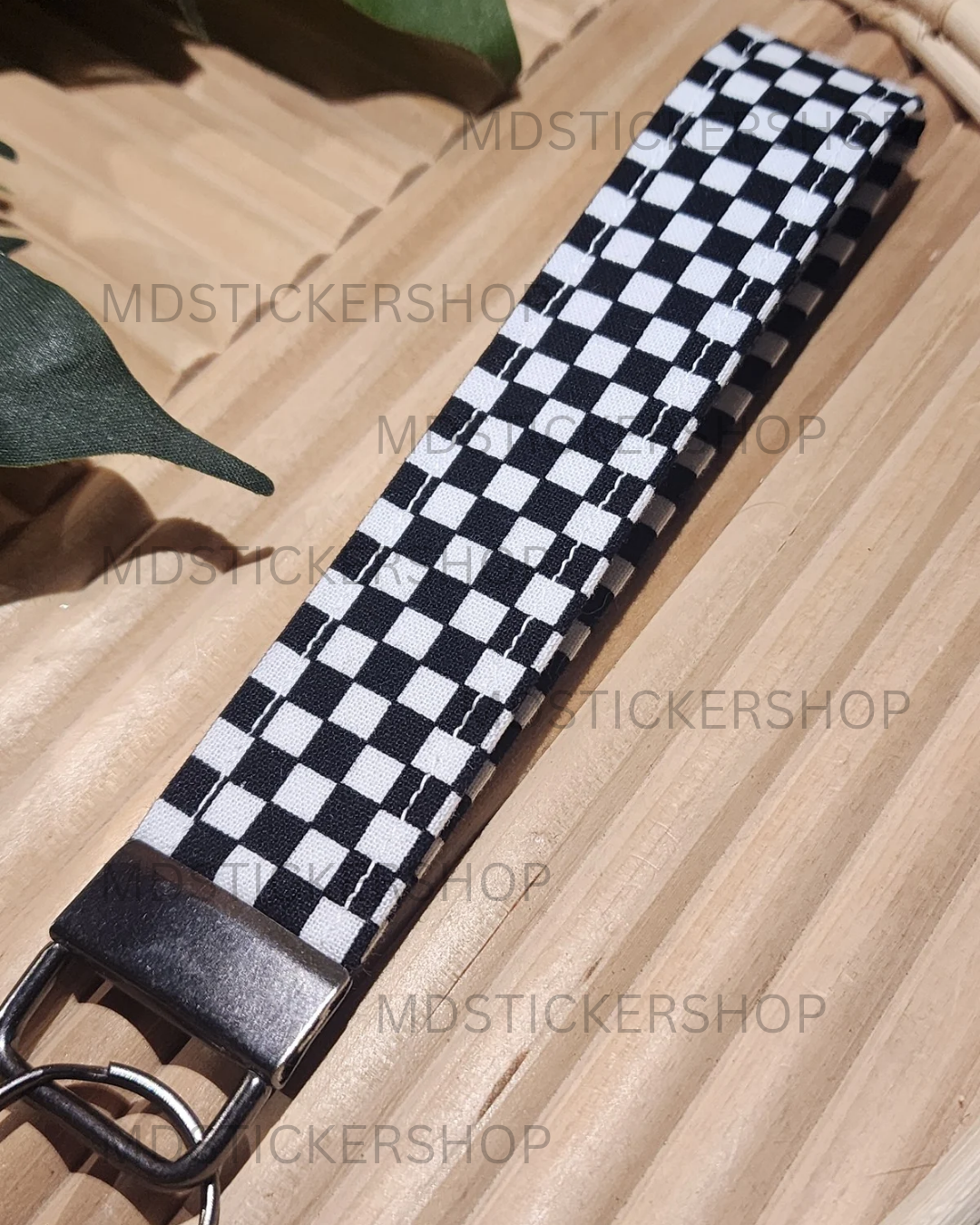 Mini B&W Check Print Fabric Keychain, Key Fob