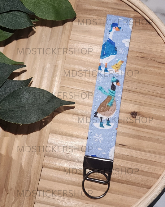 Winter Goose Print Fabric Keychain, Key Fob