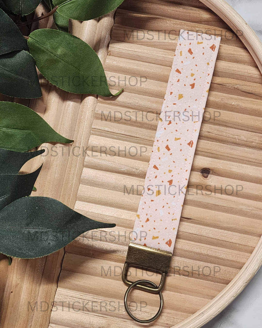 Peach Terazzo Print Fabric Keychain, Key Fob