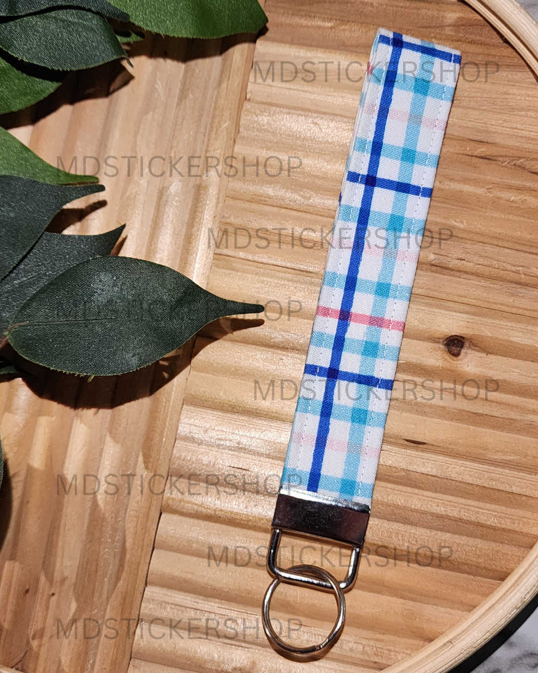 Bright Plaid Print Fabric Keychain, Key Fob
