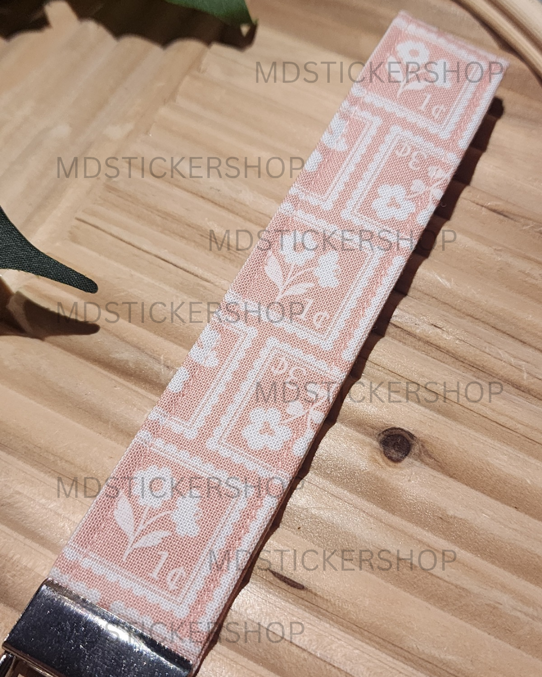 Pink Stamp Print Fabric Keychain, Key Fob