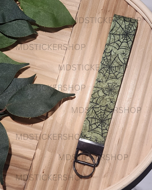 Green Spiderweb Print Fabric Keychain, Key Fob