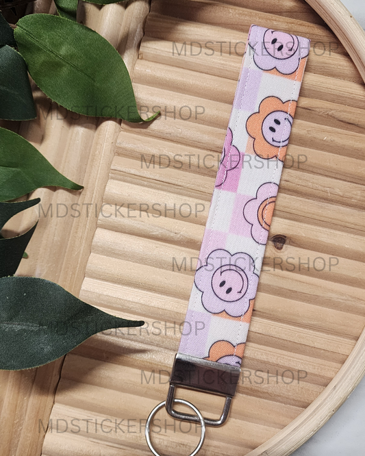 Smiley Floral Check Print Fabric Keychain, Key Fob