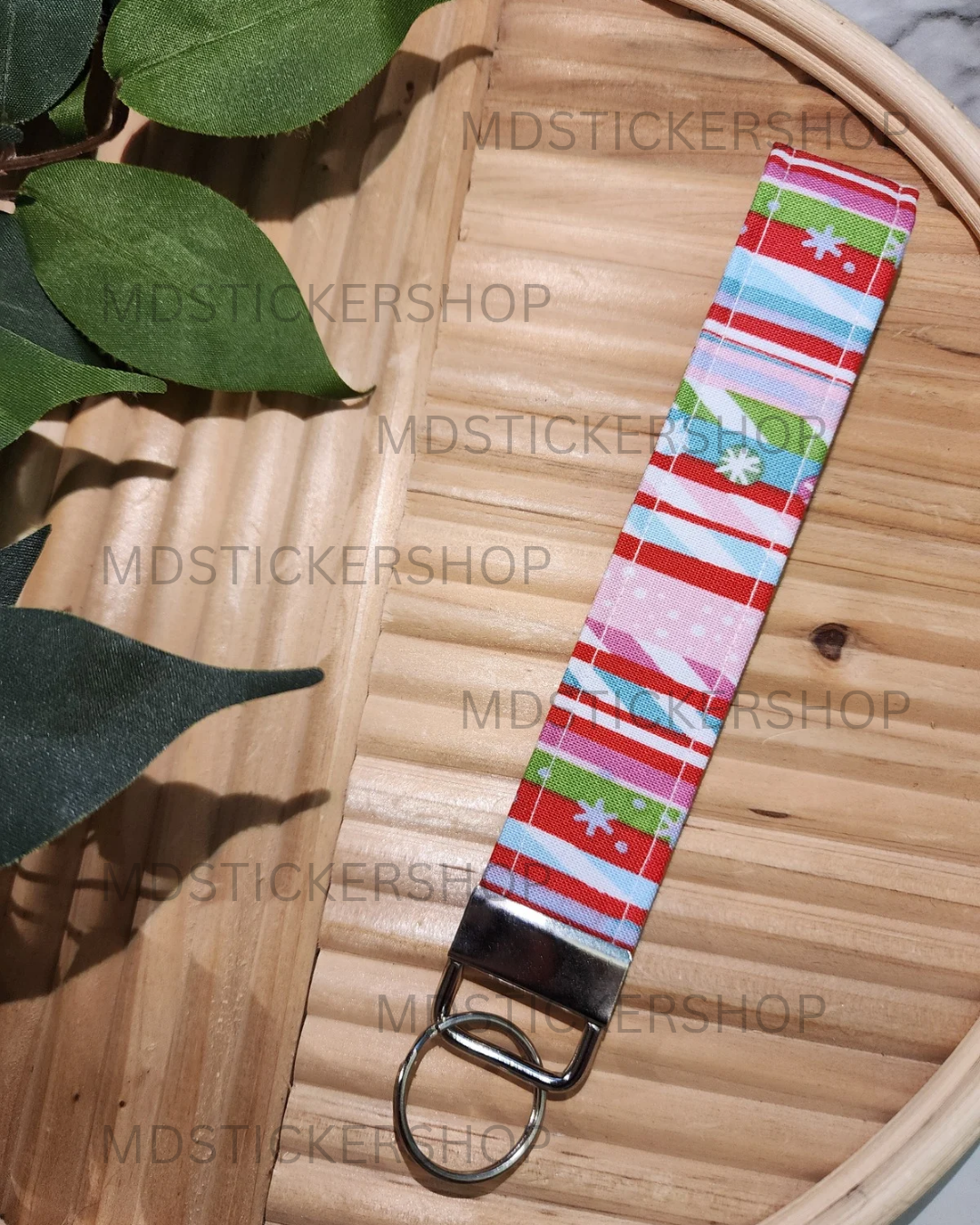 Pink Holiday Stripe Print Fabric Keychain, Key Fob