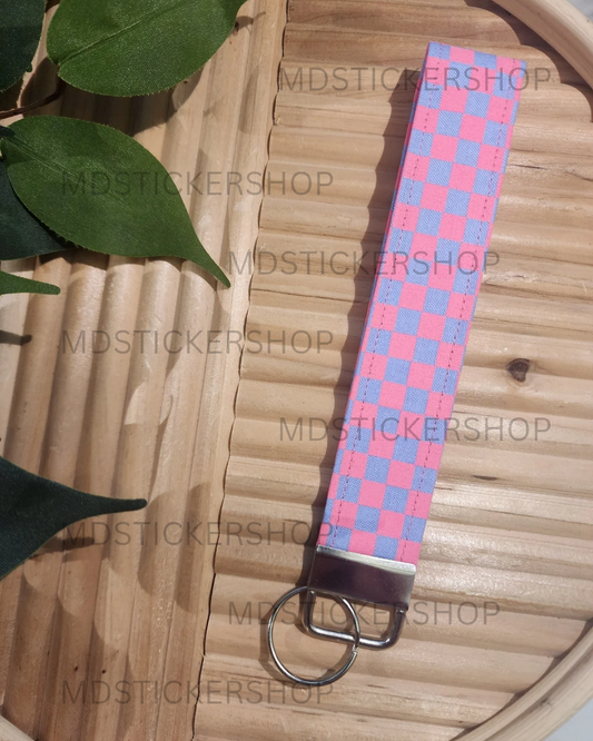 Neon Pink Check Print Fabric Keychain, Key Fob