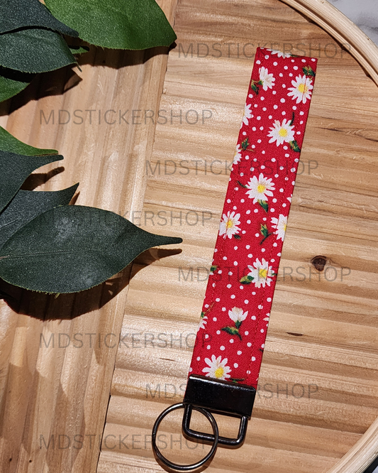 Red Dot Daisy Print Fabric Keychain, Key Fob