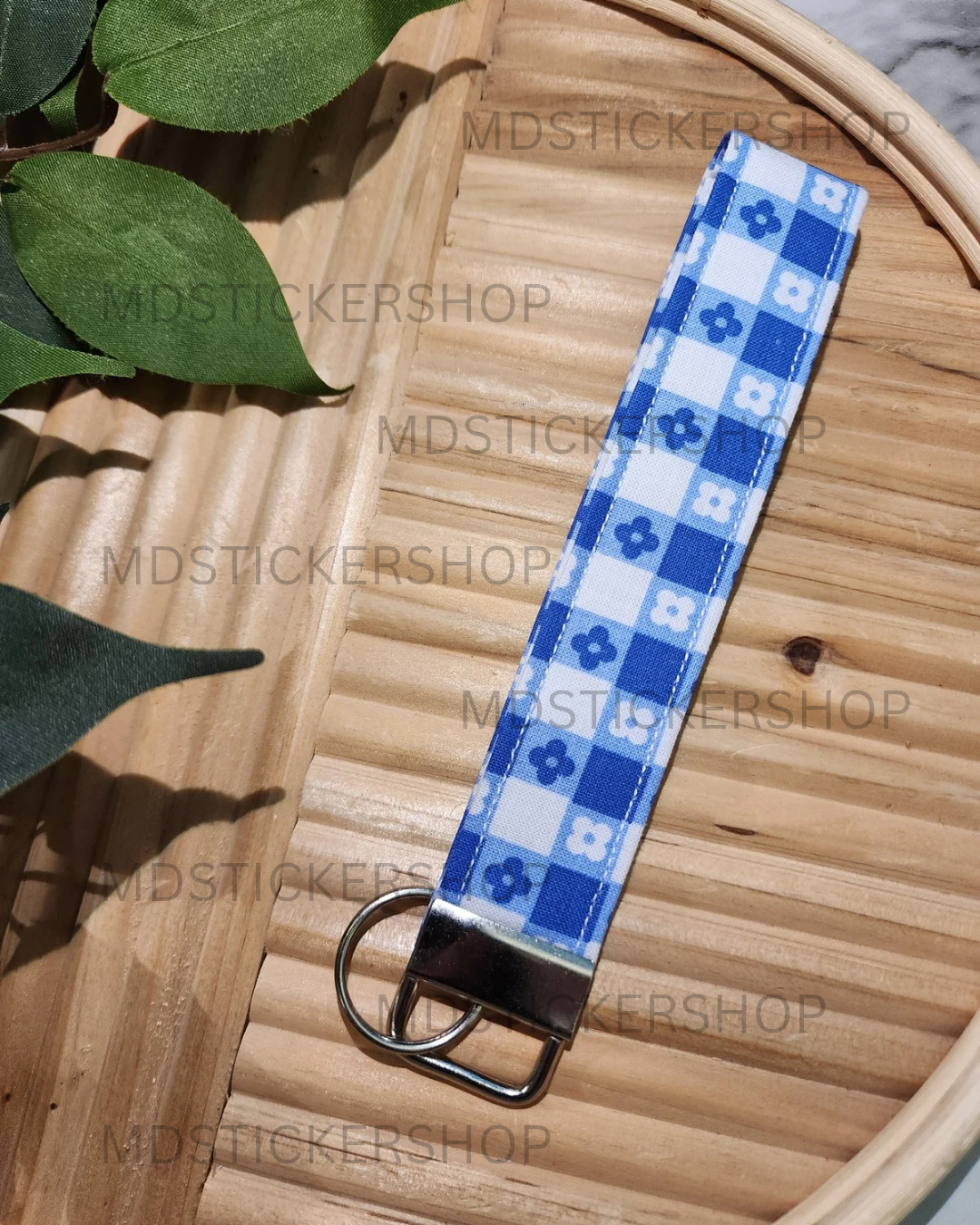 Blue Floral Check Print Fabric Keychain, Key Fob