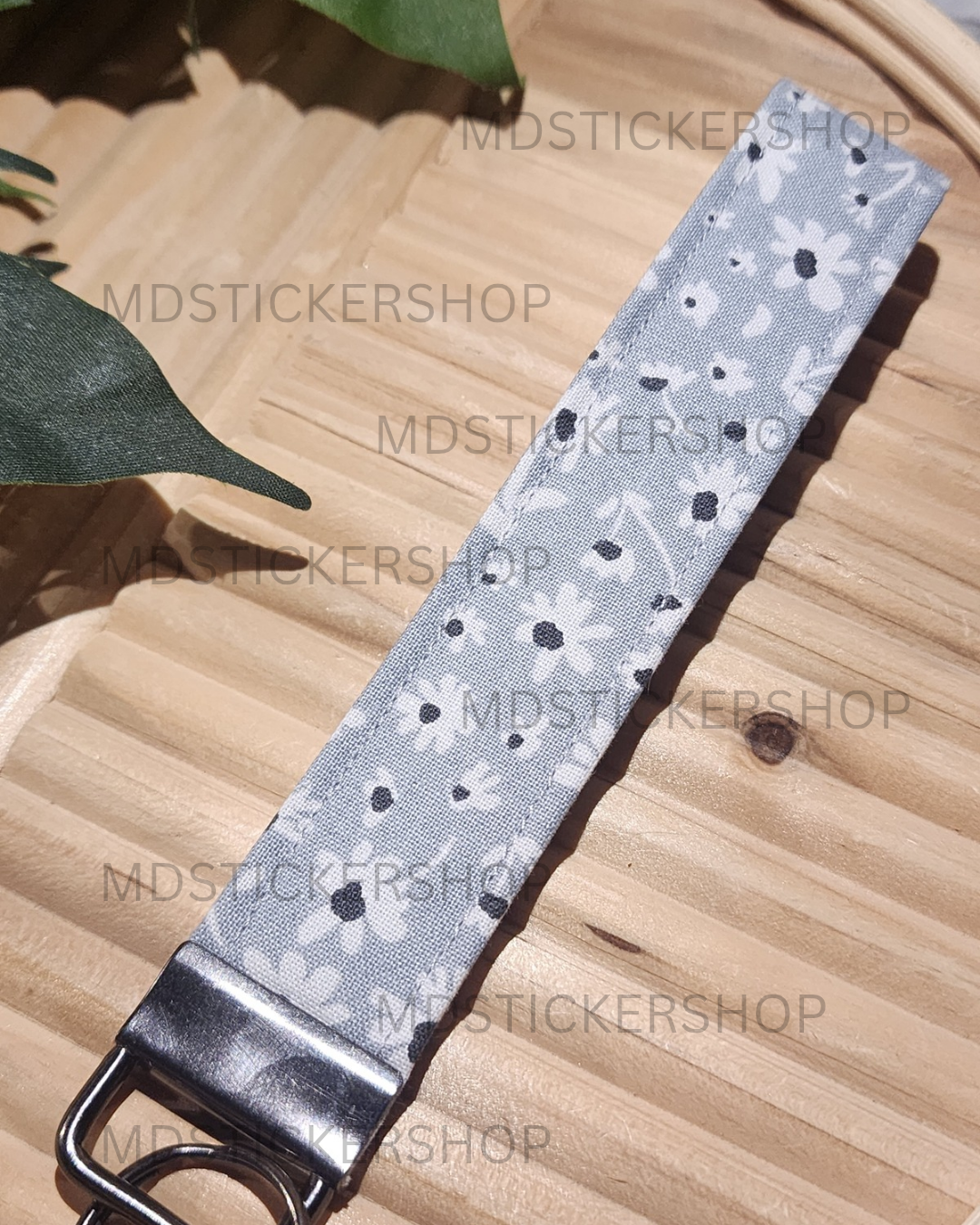Soft Gray Floral Print Fabric Keychain, Key Fob