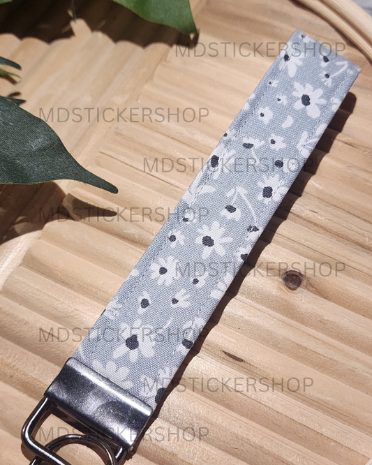 Soft Gray Floral Print Fabric Keychain, Key Fob