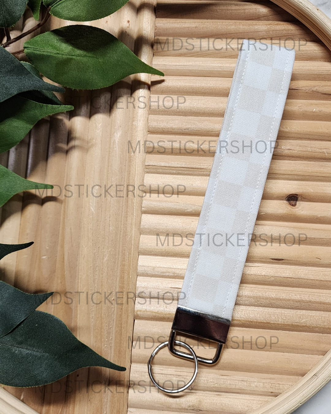 Natural Check Print Fabric Keychain, Key Fob