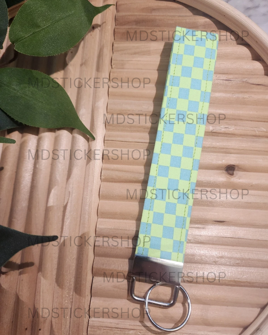 Neon Green Check Print Fabric Keychain, Key Fob