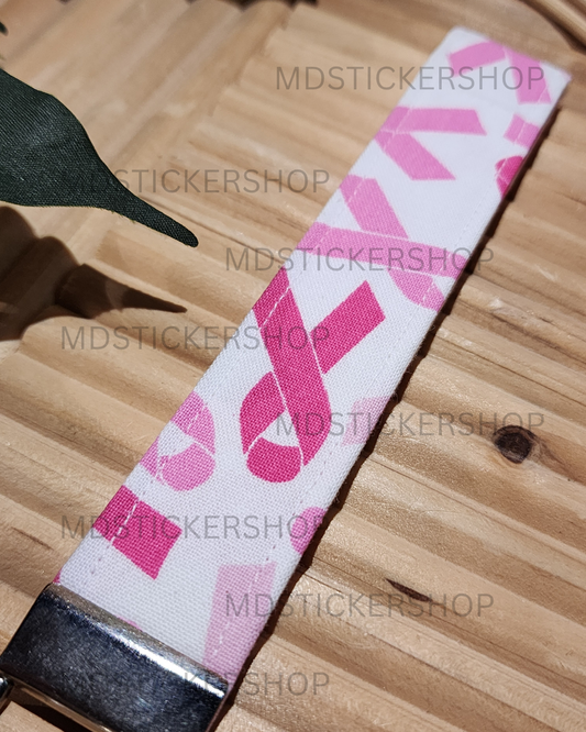 Pink Ribbon Print Fabric Keychain, Key Fob